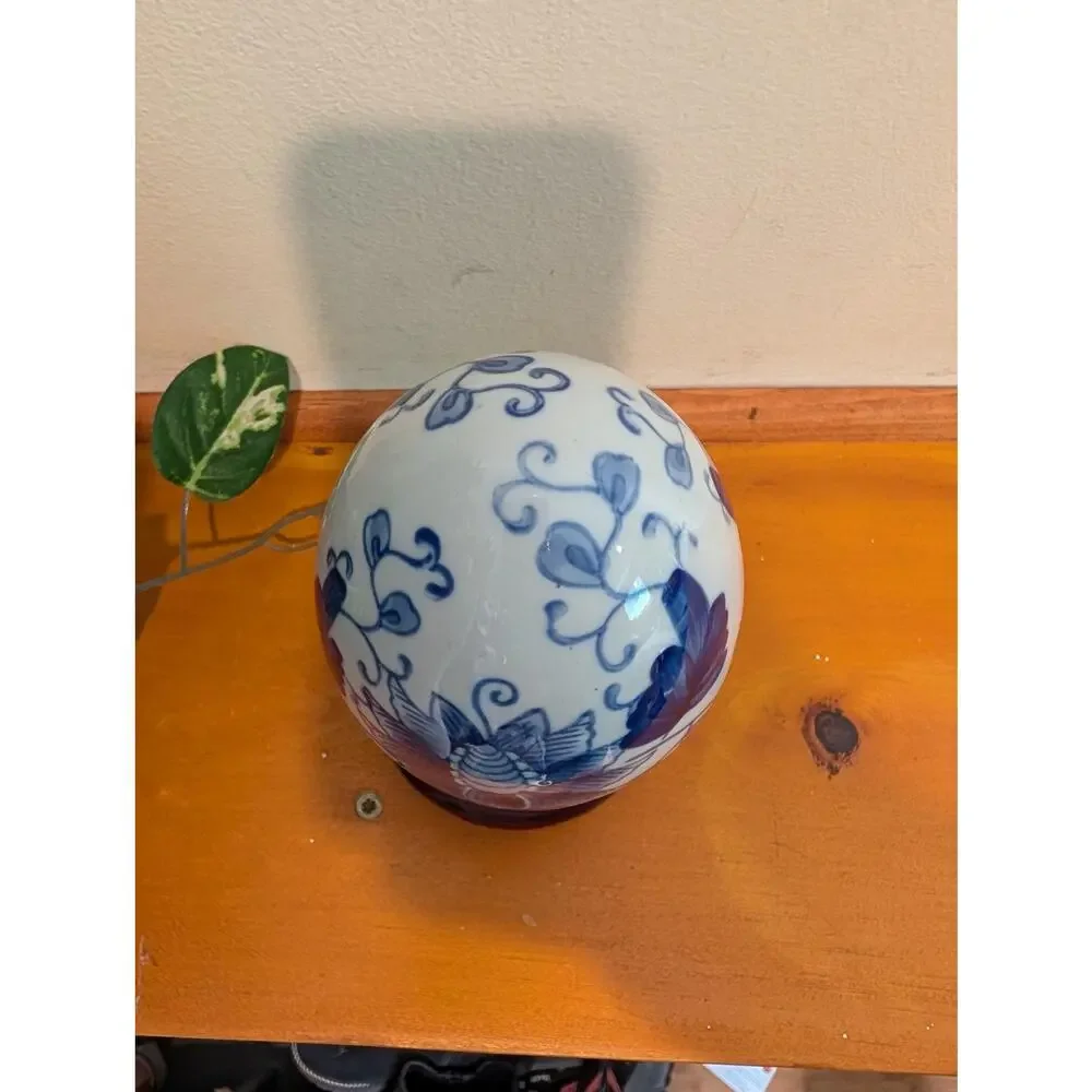 Vintage Blue White Porcelain Egg Peony Vine Chinoiserie Wood Stand 6